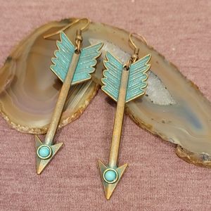 Bronze Copper Patina Earrings Faux Turquoise Arrows Vintage Boho Style